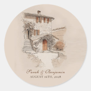 Sticker Rond Mariage Esquisse de Villa Italienne en Terracotta