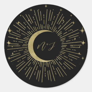 Sticker Rond Mariage étoilé noir et or Soleil éclaté Lune