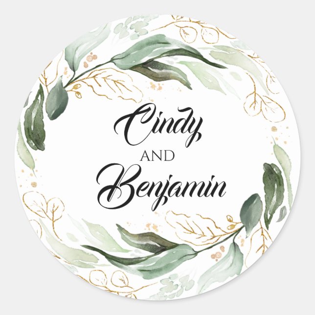 Sticker Rond Mariage Eucalyptus Feuille vert et or (Devant)