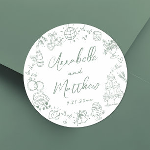 Sticker Rond Mariage Fantaisiste Vert Dessiné à la Main