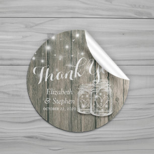 Sticker Rond Mariage Favor Merci Rustic Bois Mason Lampe à jarr