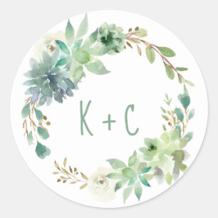 Sticker Rond Mariage Fête des mariées Succulents Cactus Aquarel