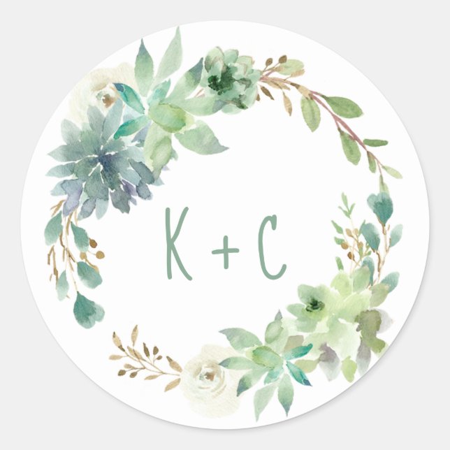Sticker Rond Mariage Fête des mariées Succulents Cactus Aquarel (Devant)