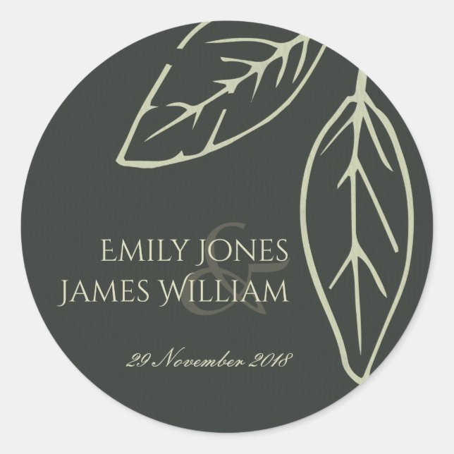 STICKER ROND MARIAGE FEUILLE NOIR ET BLANC CONTEMPORAIN MODERNE (Devant)