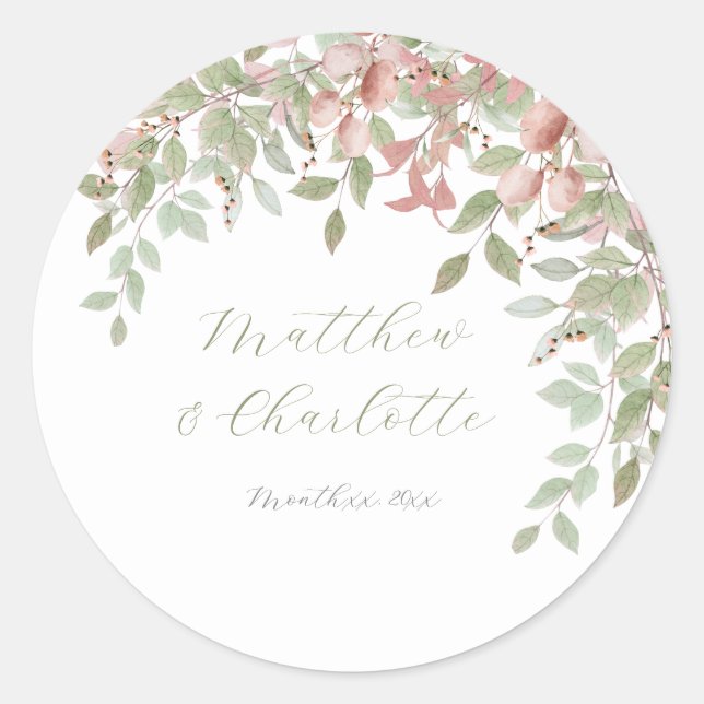Sticker Rond Mariage Feuille vert et rose (Devant)