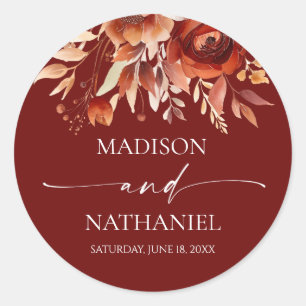 Sticker Rond Mariage Fleur Floral Brun Bourgogne Rouillé
