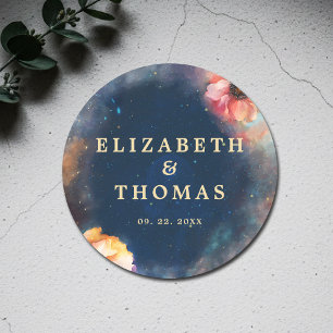 Sticker Rond Mariage Fleur Galaxie Céleste Nuit Étoilée Bleue