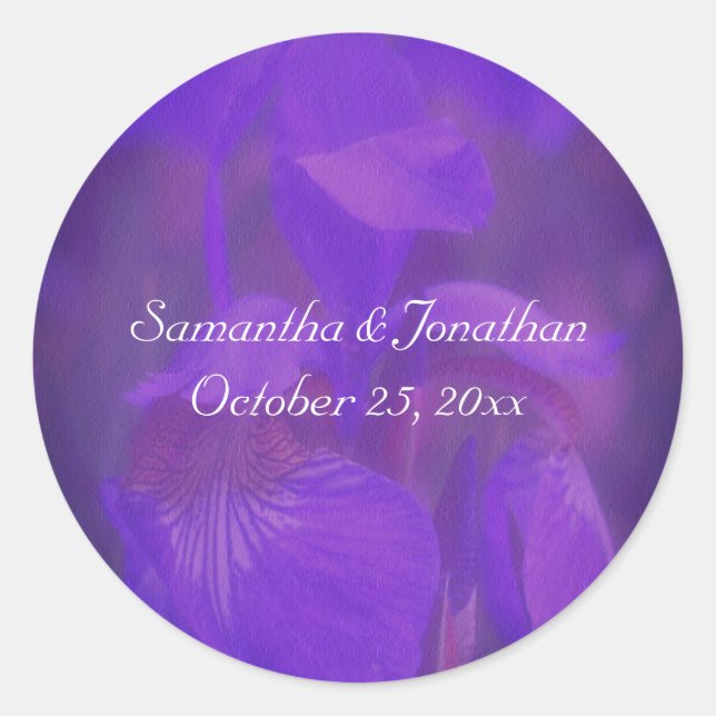 Sticker Rond Mariage Fleur Iris Violet Personnalisé (Devant)
