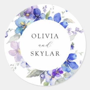Sticker Rond Mariage Fleur Rose Mauve Violet Bleu Marine