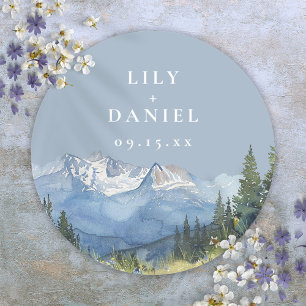 Sticker Rond Mariage Fleur Sauvage Montagne Aquarelle Bleu Pous