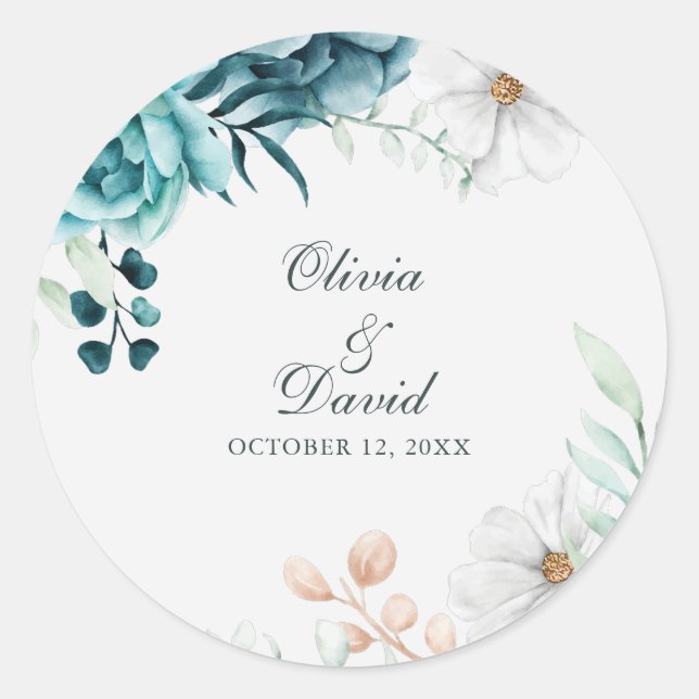 Sticker Rond Mariage Fleur sauvage turquoise et non blanc (Devant)