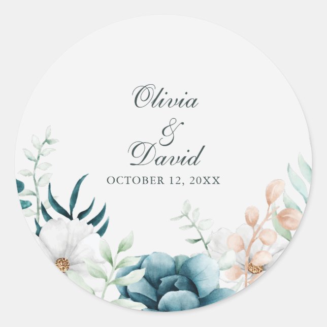 Sticker Rond Mariage Fleur sauvage turquoise et non blanc (Devant)