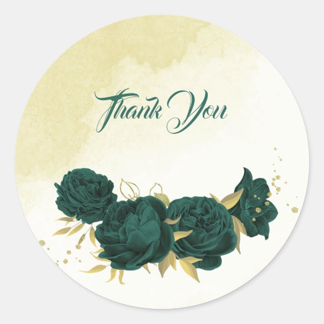 Sticker Rond Mariage fleuri en or vert émeraude (Devant)