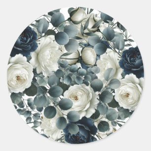 Sticker Rond Mariage Fleurie Moderne Bleu Foncé et Blanc