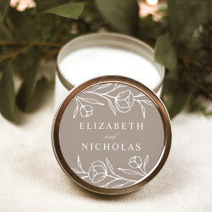 Sticker Rond Mariage Fleuris Esquisse Taupe