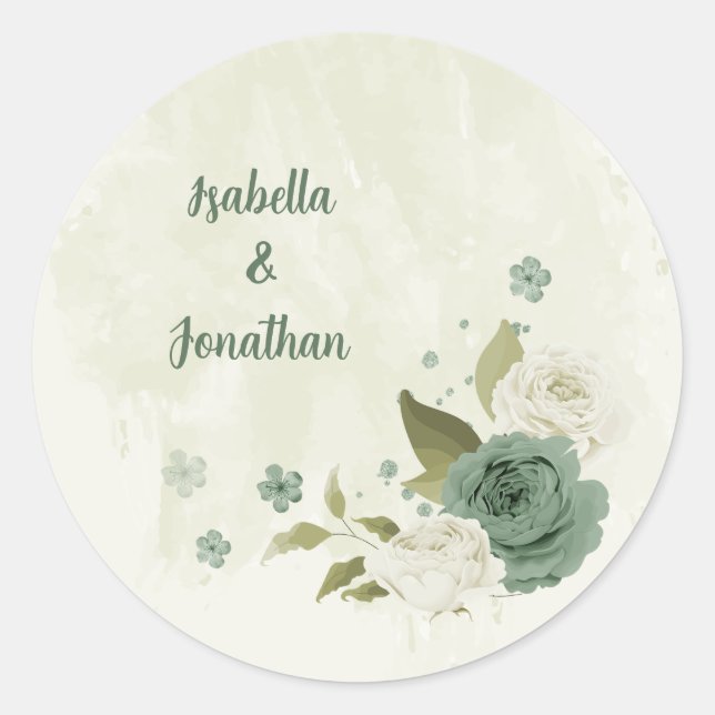 Sticker Rond mariage fleurs blanches vert sauge (Devant)