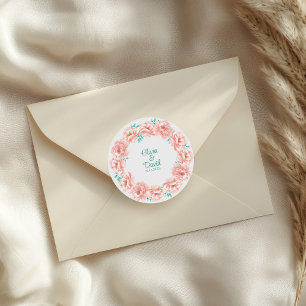 Sticker Rond Mariage Fleurs de pêche et turquoise