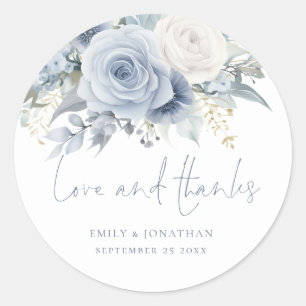 Sticker Rond Mariage Fleurs Modernes Amour Merci Bleu Poussiére