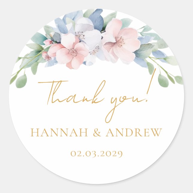 Sticker Rond Mariage Fleurs Roses Bleues Élégantes (Devant)