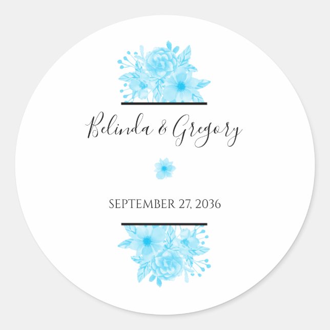 Sticker Rond Mariage floral à aquarelle bleue (Devant)