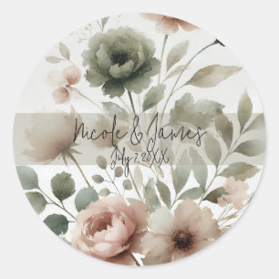 Sticker Rond Mariage Floral à l'aquarelle Olive et Rose Poussié