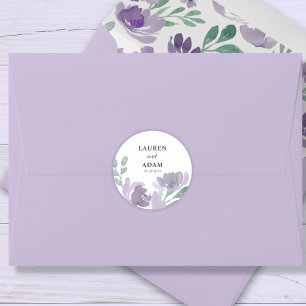 Sticker Rond Mariage Floral Aquarelle Violet Rustique