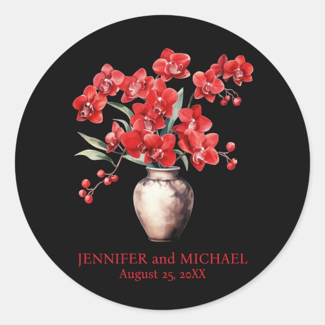 Sticker Rond Mariage floral aux orchidées rouges (Devant)