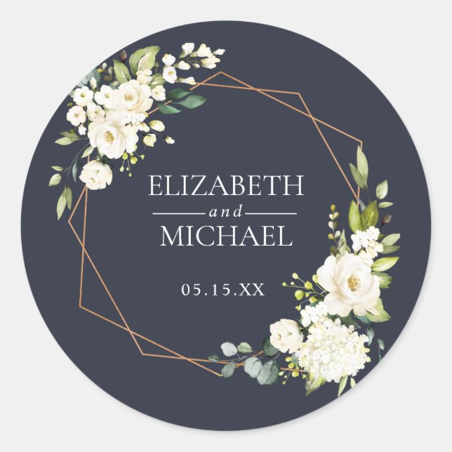 Sticker Rond Mariage floral blanc blanc bleu cuivré géométrique (Devant)
