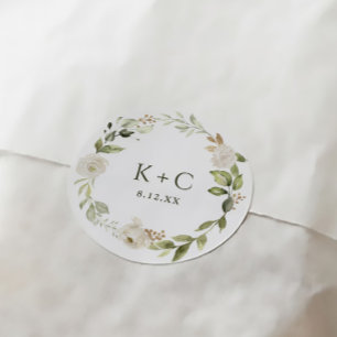 Sticker Rond Mariage Floral Blanc et Verdure