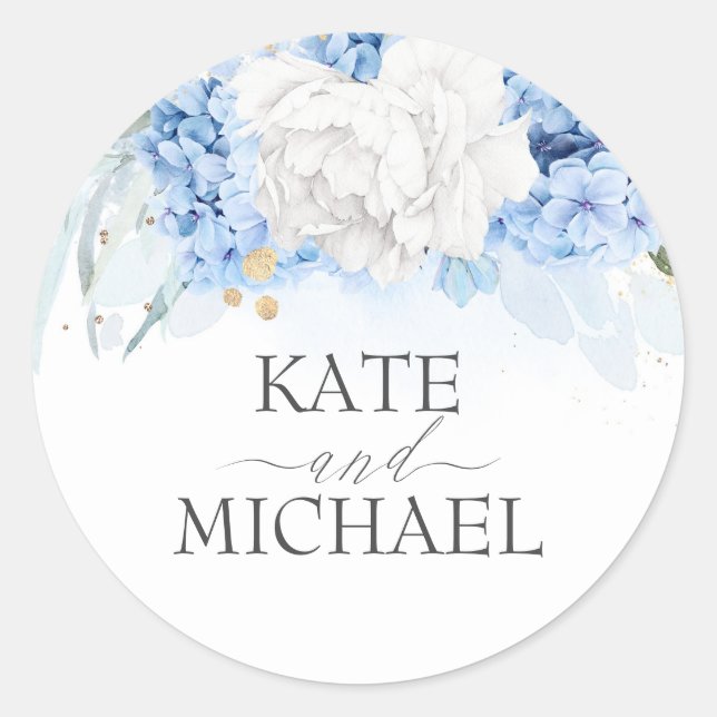 Sticker Rond Mariage floral bleu blanc et poussiéreux (Devant)