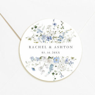 Sticker Rond Mariage floral bleu blanc vert élégant