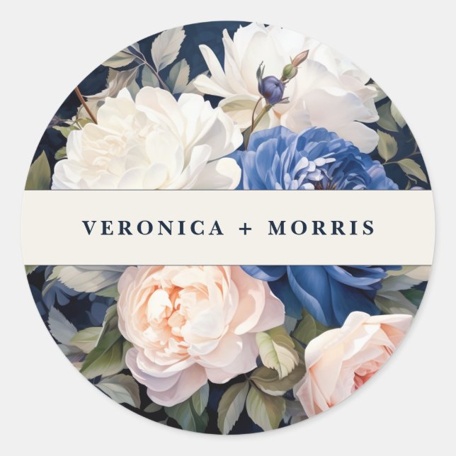 Sticker Rond Mariage floral bleu bleu marine et bleu roux (Devant)