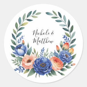 Sticker Rond Mariage floral bleu cobalt et orange