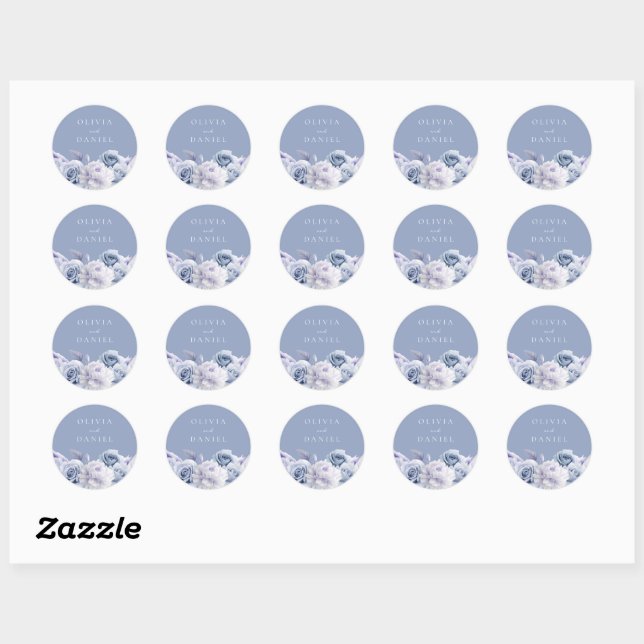 Sticker Rond Mariage floral bleu et blanc Dusty (Feuille)