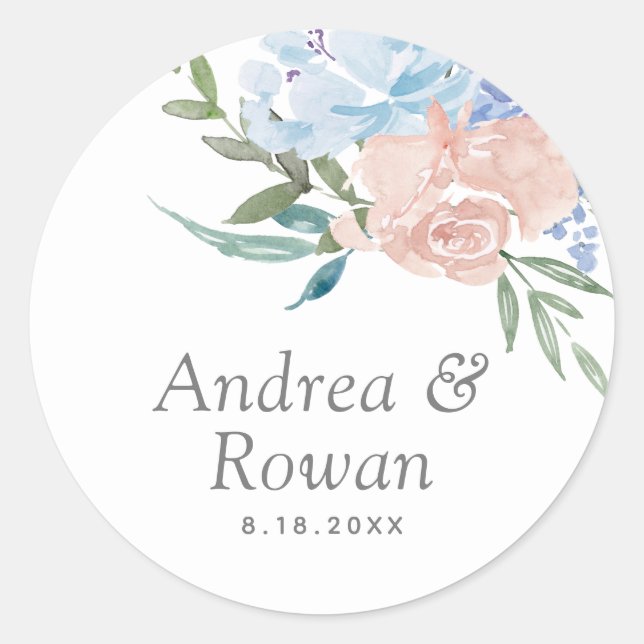 Sticker Rond Mariage floral bleu et rose (Devant)