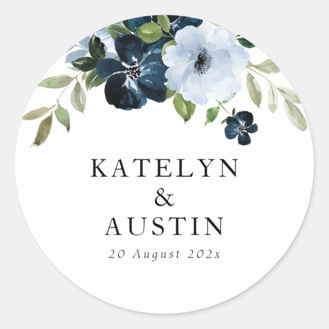 Sticker Rond mariage floral bleu marine et bleu clair (Devant)
