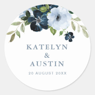Sticker Rond mariage floral bleu marine et bleu clair