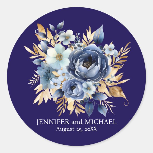 Sticker Rond Mariage floral bleu marine et or (Devant)