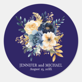 Sticker Rond Mariage floral bleu marine et or