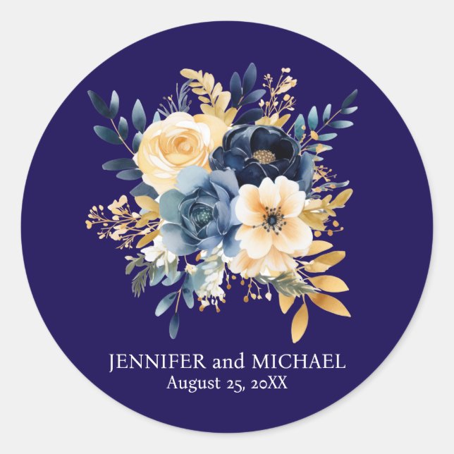 Sticker Rond Mariage floral bleu marine et or (Devant)