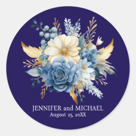 Sticker Rond Mariage floral bleu marine et or