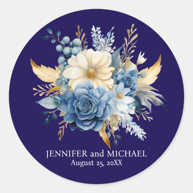 Sticker Rond Mariage floral bleu marine et or (Devant)