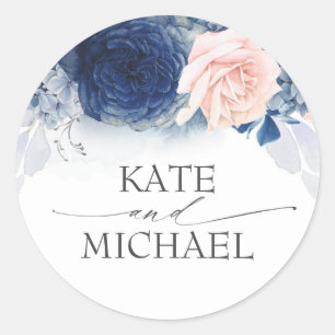 Sticker Rond Mariage floral bleu marine et rose poussiéreux