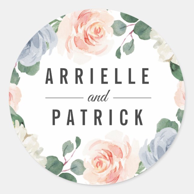 Sticker Rond Mariage floral bleu pâle rose rose pâle (Devant)