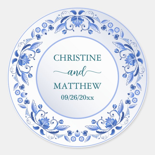 Sticker Rond Mariage Floral Bleu Porcelaine   (Devant)