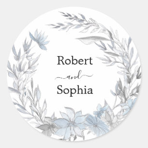 Sticker Rond Mariage Floral Bleu Poussiéreux