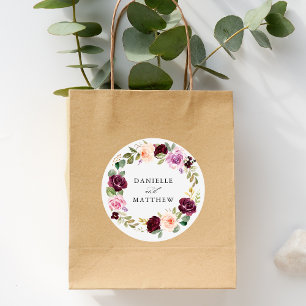 Sticker Rond Mariage Floral Bourgeois Rose Pâle, Bourgogne et V