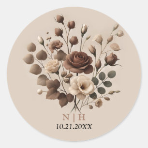 Sticker Rond Mariage Floral Brun Beige Mousse de Café