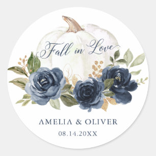 Sticker Rond Mariage Floral Citrouille Bleu Marine Automne Amou