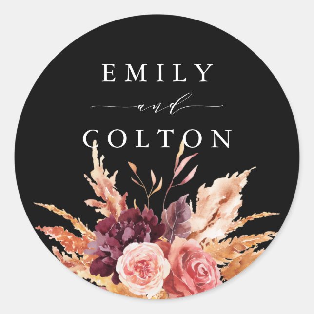 Sticker Rond Mariage Floral de Bourgogne noire (Devant)